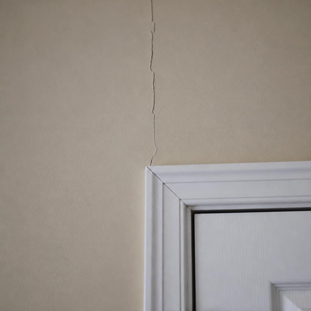 Interior drywall crack near a door frame, generated example of foundation settling damage